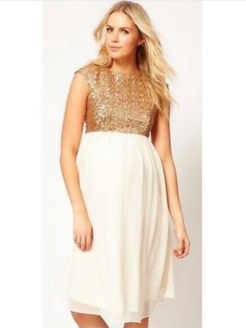 ASOS Maternity gold sequin & cream midi dress. Size: 4